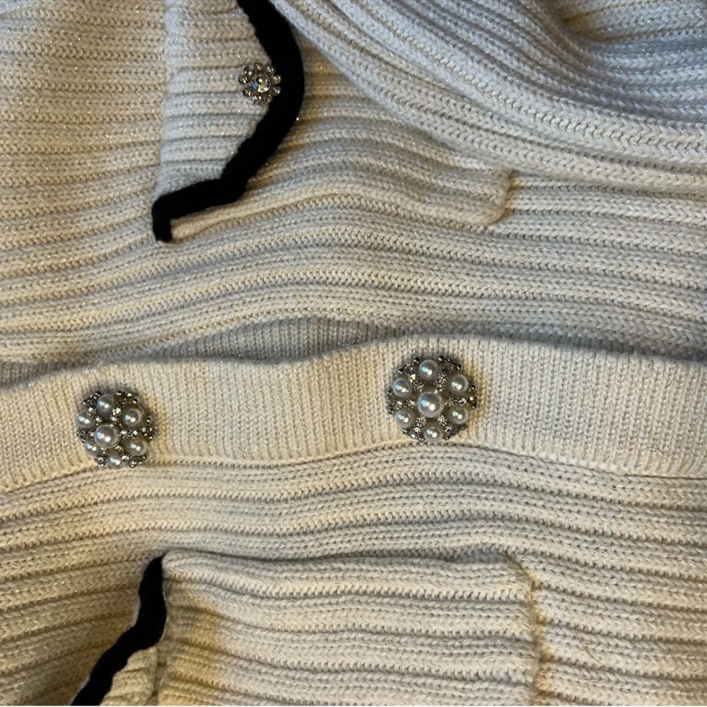 Self Portrait Lurex White Knit Dress with Black Accents crystal buttons - Picture 8 of 10